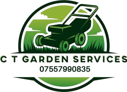 The C T Garden Services badge: a green lawnmower in a circle